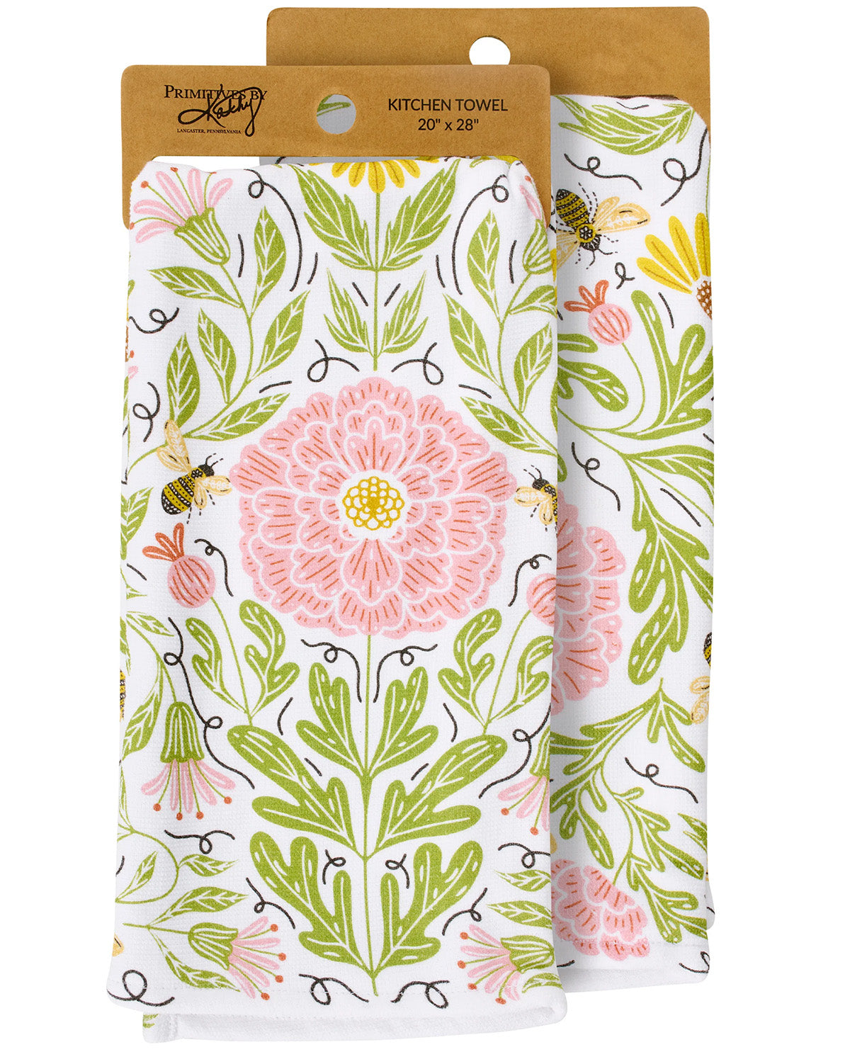 Two kitchen towels in kraft paper packaging, featuring a white background with a colorful botanical pattern of pink flowers, green leaves, and yellow bees.