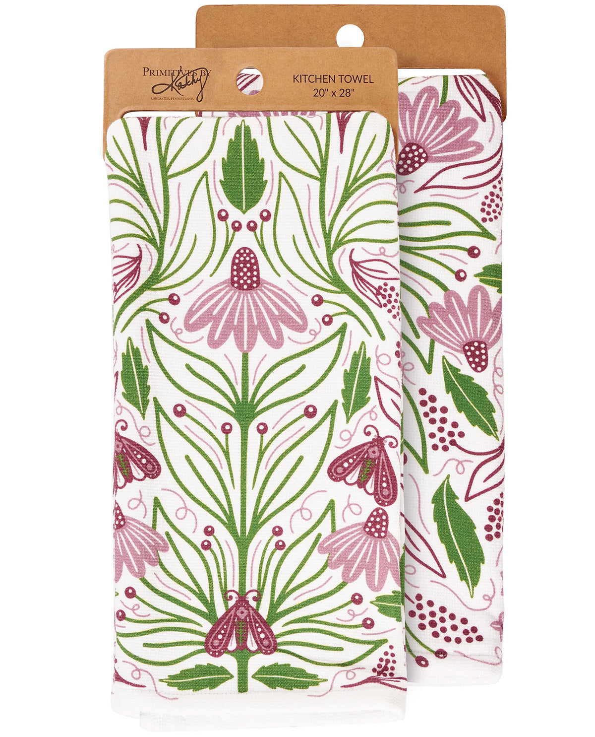Two kitchen towels with a botanical pattern in pink and green on a white background, packaged in a clear sleeve with a kraft paper header card. The brand name 'Penny Lane' is visible on the header.