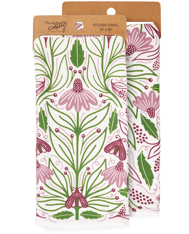 Two kitchen towels with a botanical pattern in pink and green on a white background, packaged in a clear sleeve with a kraft paper header card. The brand name 'Penny Lane' is visible on the header.