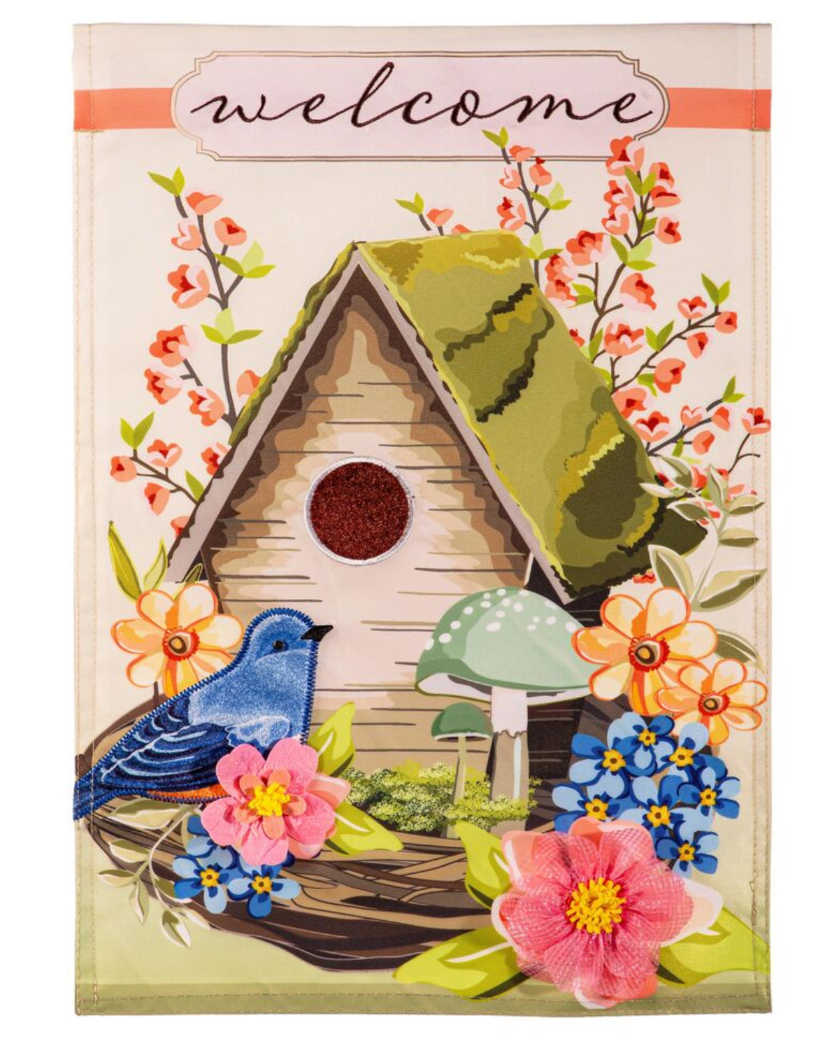 Spring Birdhouse Applique Garden Flag