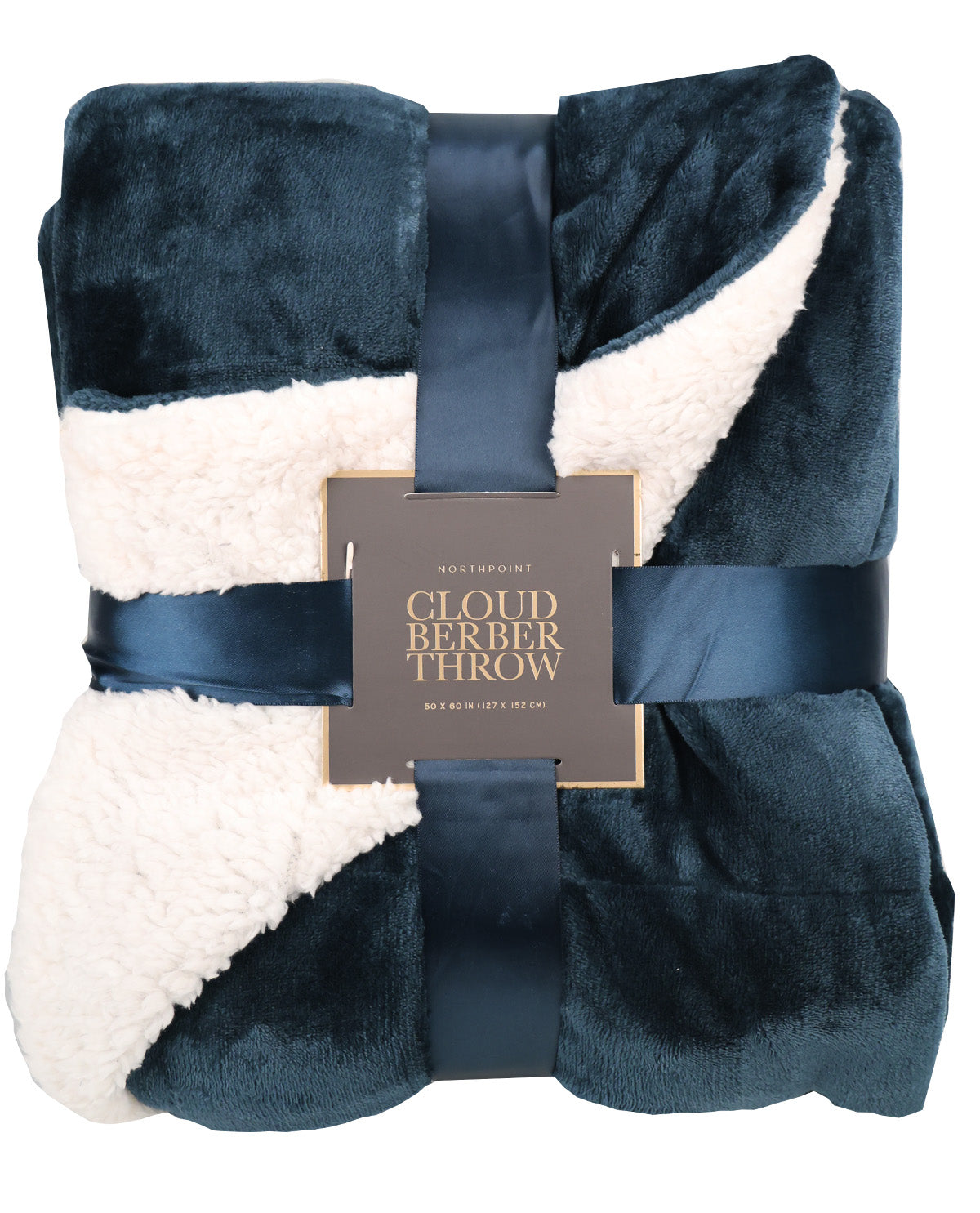 A folded plush throw blanket with a navy blue velvety exterior and cream sherpa lining, wrapped in a dark satin ribbon with a central label reading 'Cloud Berber Throw'.