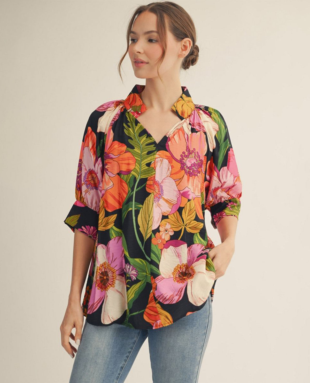 Jodifl Standing Neckline Floral Print Top