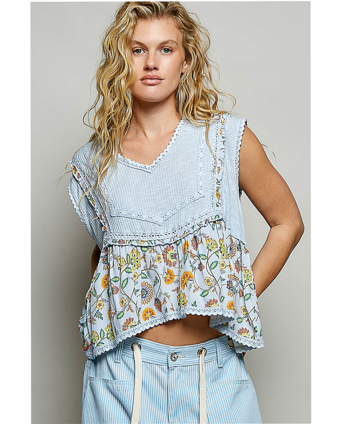 POL Crochet Print Mix Top Baby Blue