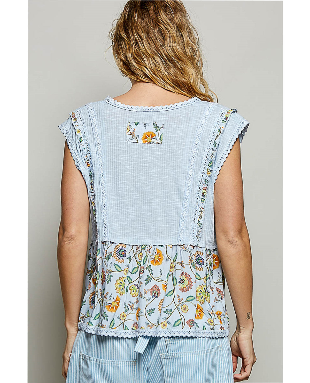 POL Crochet Print Mix Top Baby Blue