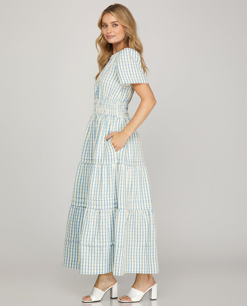 She And Sky Pintuck Plaid Dress Lt Blue