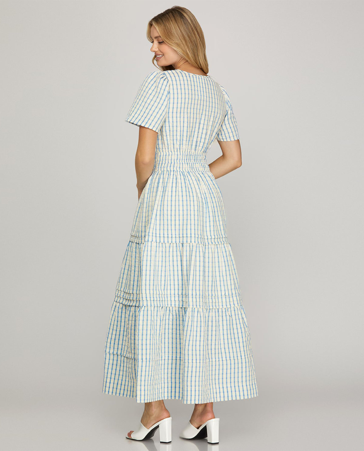 She And Sky Pintuck Plaid Dress Lt Blue