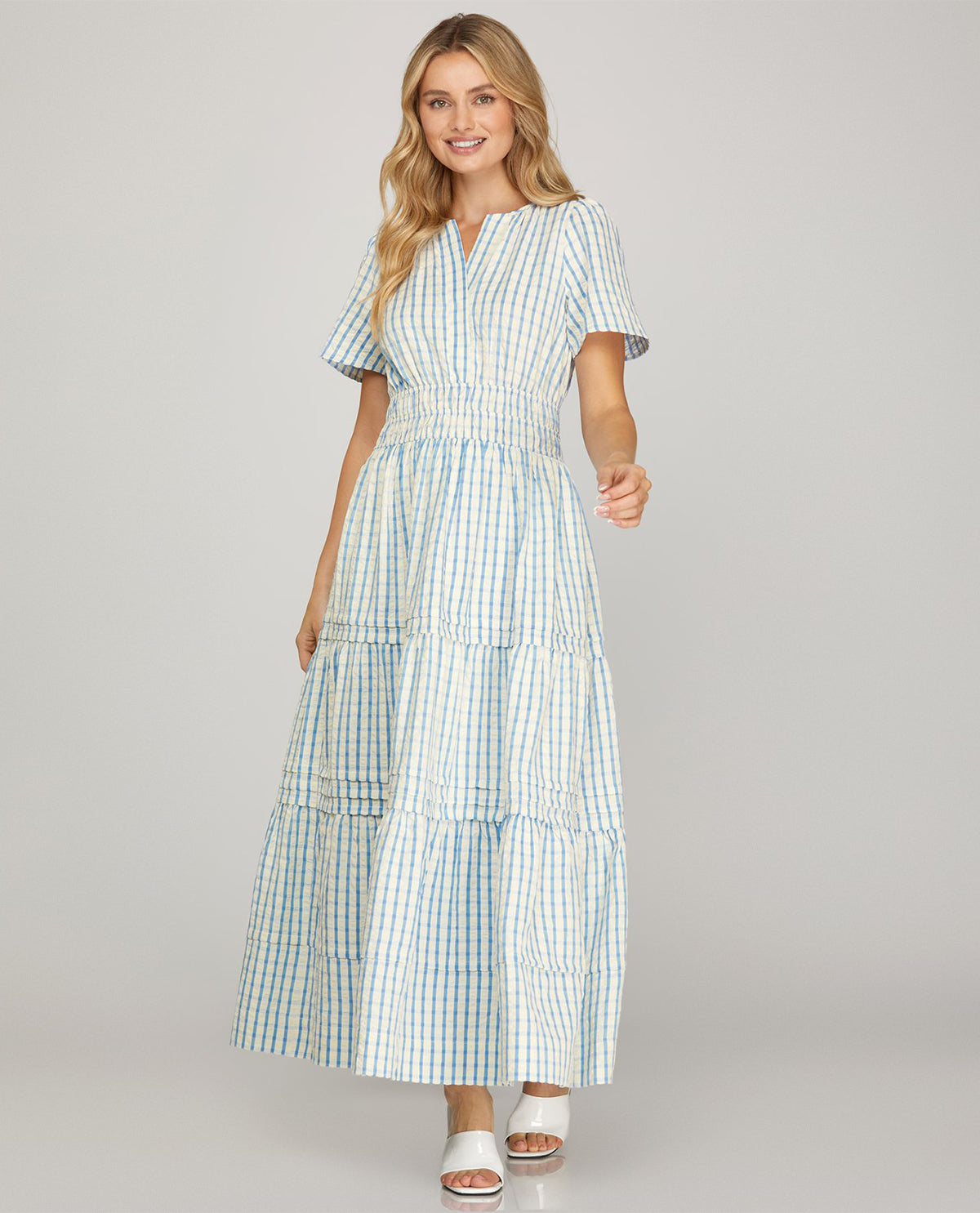 She And Sky Pintuck Plaid Dress Lt Blue