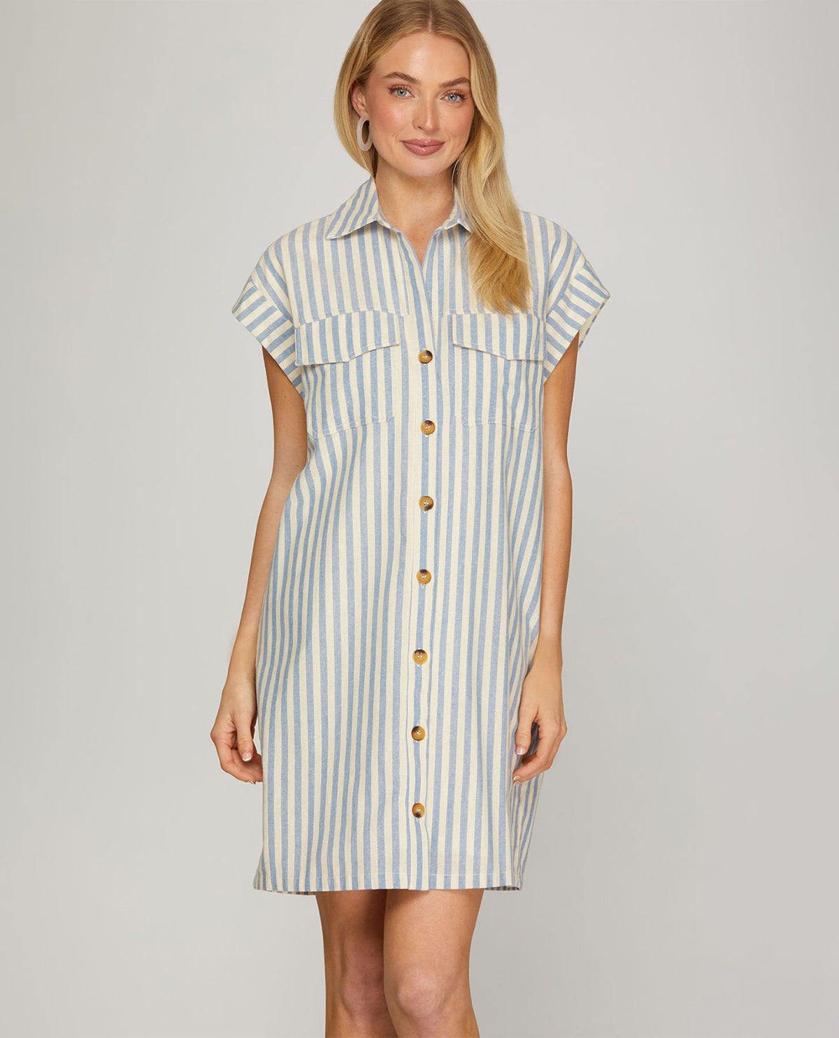 She And Sky Stripe Button Down Dress Lt Blue