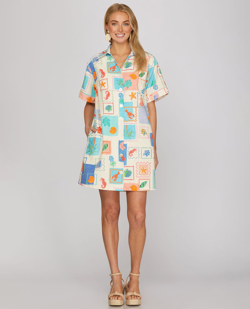 She And Sky Print Button Down Dress Blue