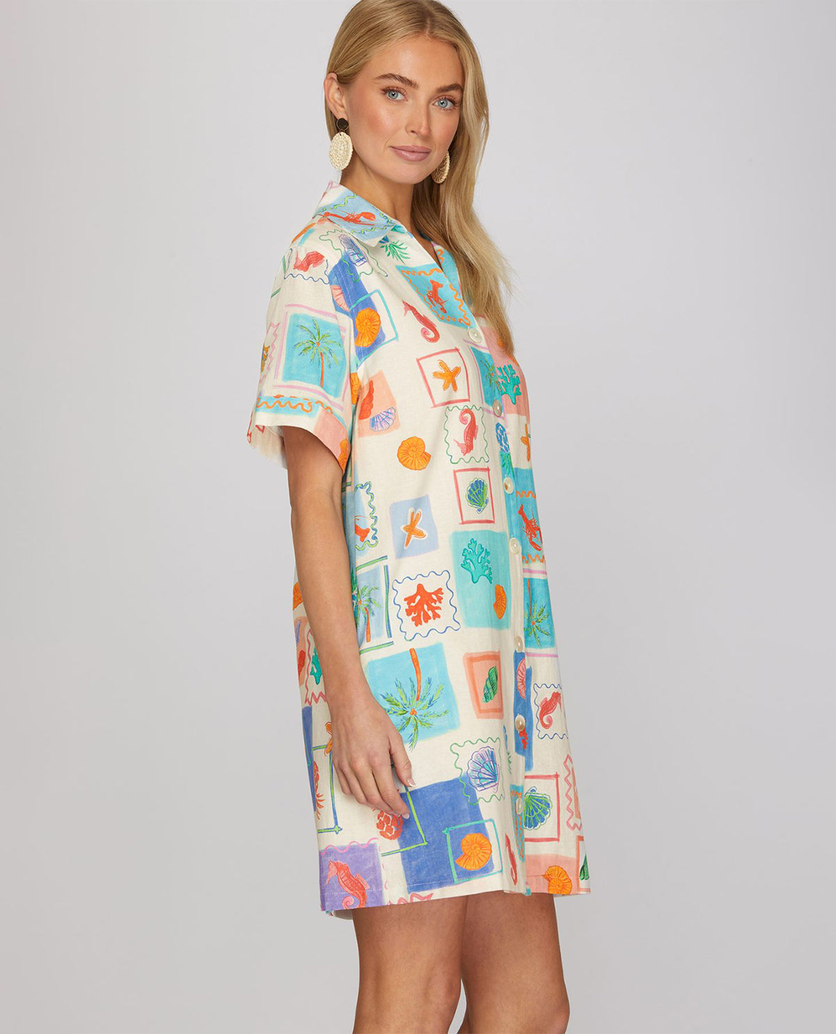 She And Sky Print Button Down Dress Blue