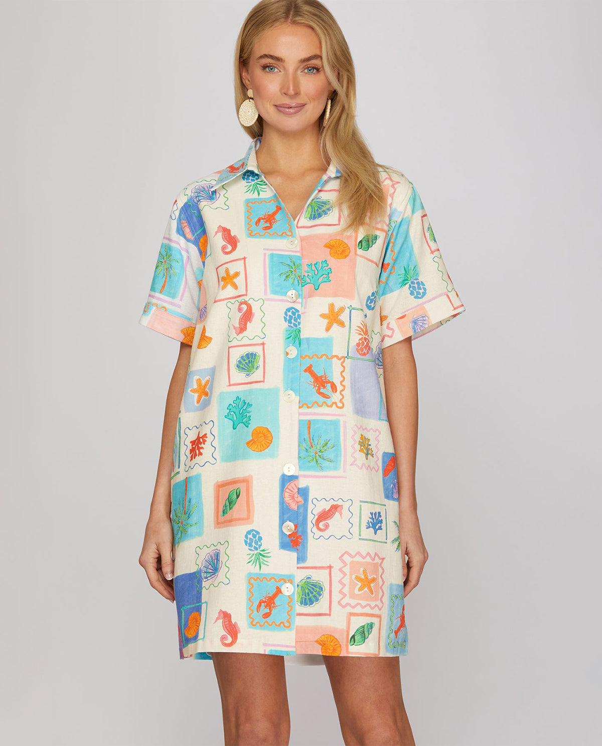 She And Sky Print Button Down Dress Blue