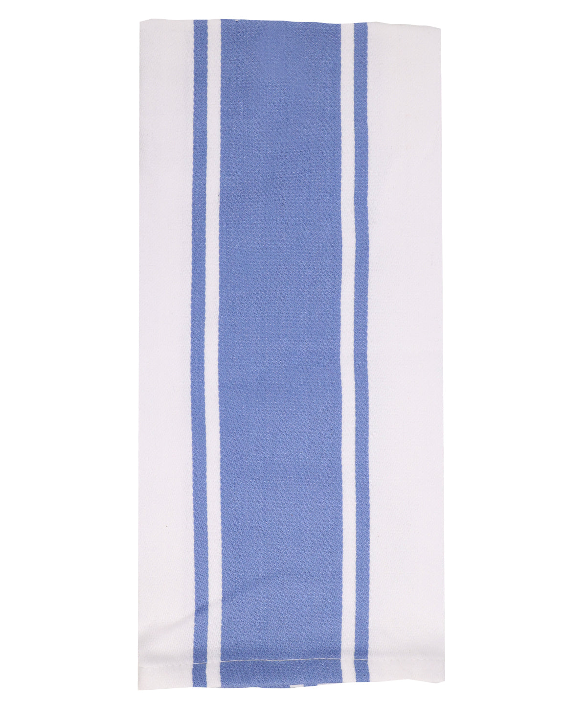 A white kitchen towel with a vertical blue stripe pattern, shown flat against a white background.