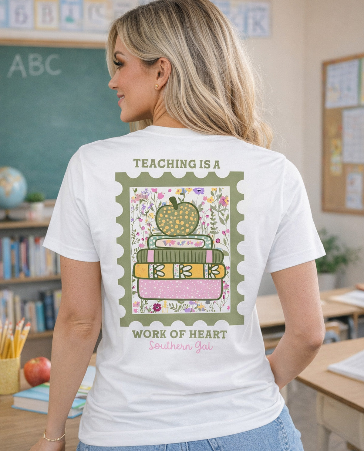 Southern Gal Teaching Is A Work Of Heart Short Sleeve Screen Tee White