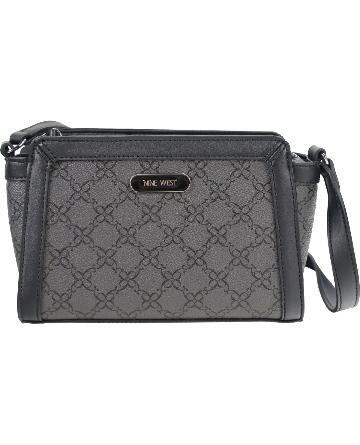 A dark gray crossbody bag with a repeating monogram pattern, black leather trim, and a black strap, featuring a gold-tone 'NINE WEST' logo plate on the front.