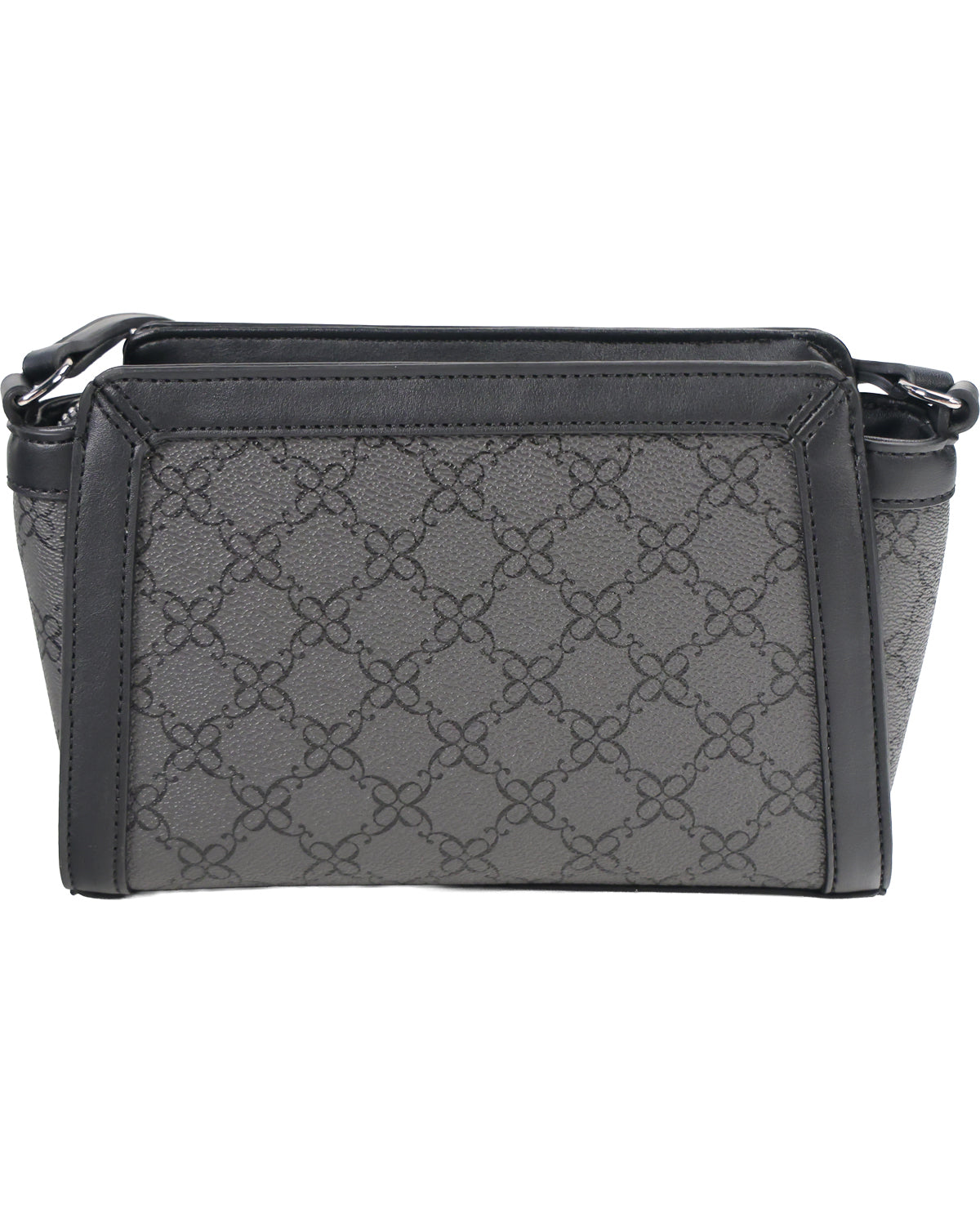 A dark gray crossbody bag featuring the classic interlocking GG monogram pattern on a textured canvas body, with black leather trim and a matching shoulder strap.