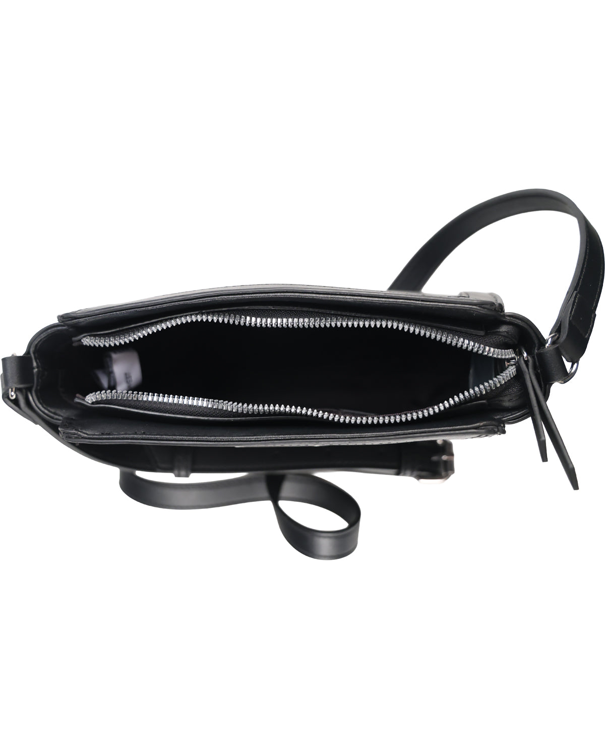 Black leather crossbody bag shown from a top-down view, featuring an open zipper revealing a black interior, with a matching black strap and silver-tone hardware on a plain white background.