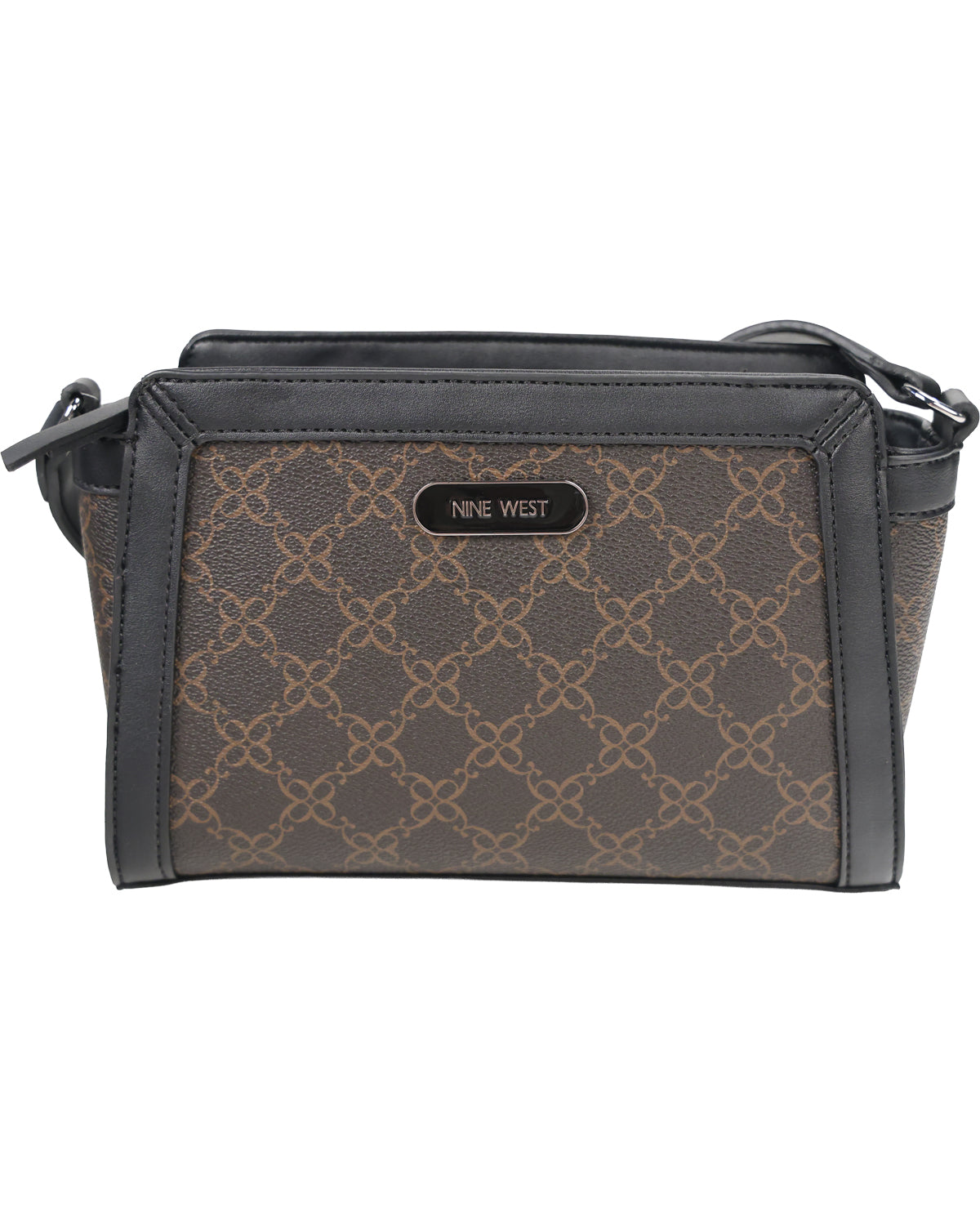 Nine West crossbody bag in brown and beige monogram canvas with black leather trim and a black brand plaque on the front.