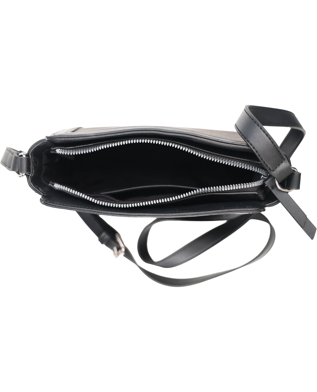 Black leather crossbody bag shown open to display the interior zippered compartment and strap details, set against a plain white background.