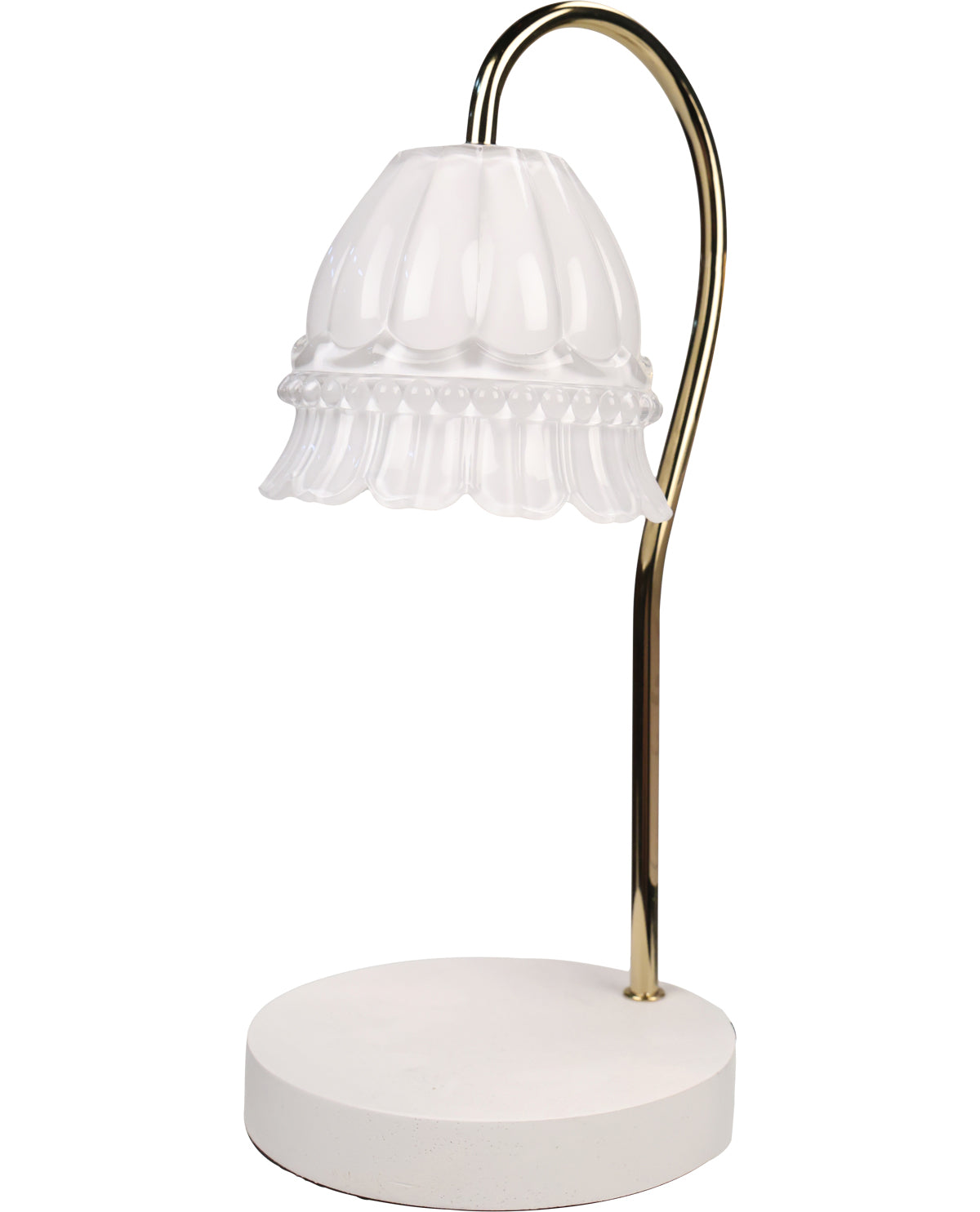 Table lamp with white shade and gold arm on a white background