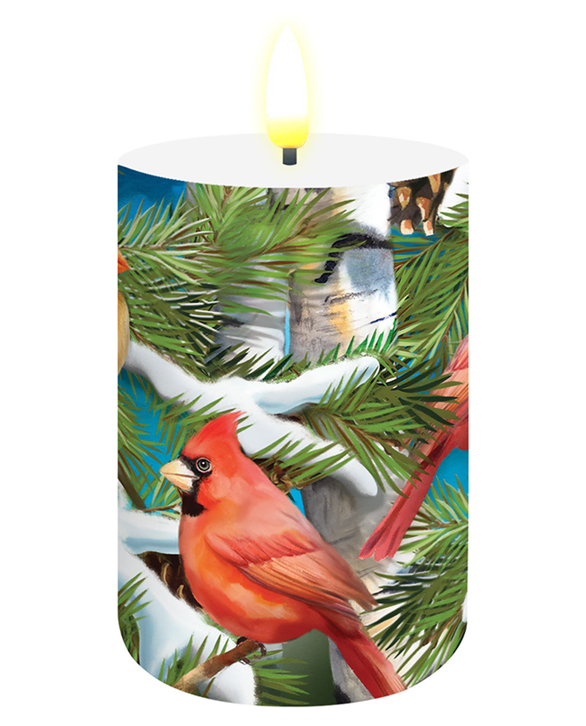 Decorative candle with a red cardinal and Christmas tree design on a white background