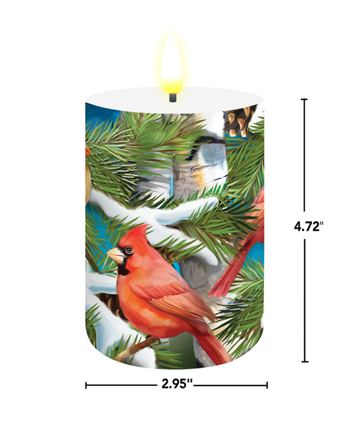Cardinal bird design on a product with dimensions indicated