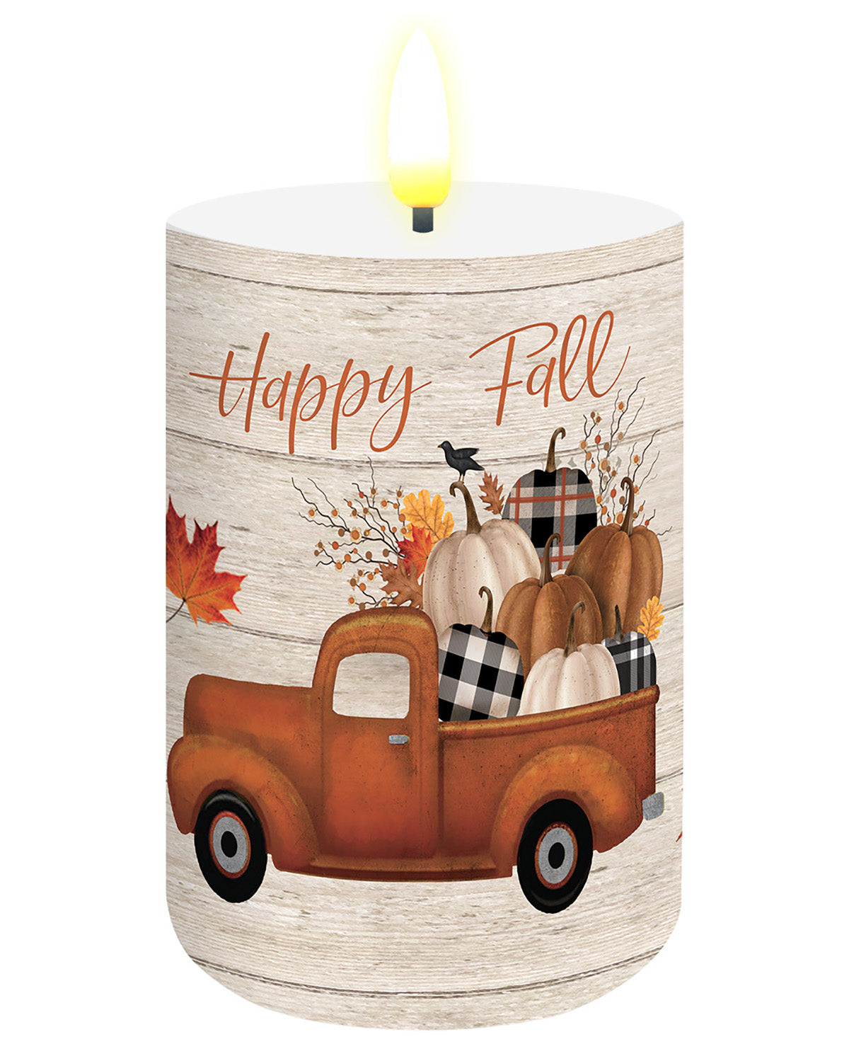 Decorative candle with a fall theme featuring a truck, pumpkins, and leaves on a white background.