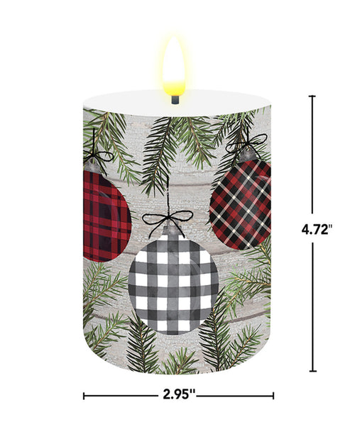 Decorative hanging with plaid ornaments and greenery, with measurements indicated.