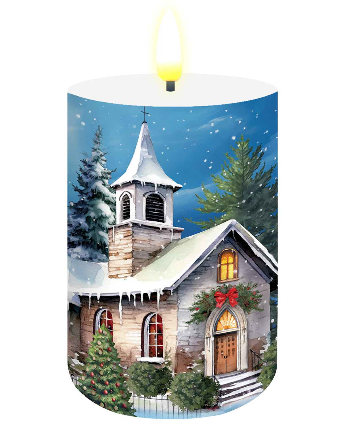 A cylindrical candle with a printed winter scene of a snow-covered church, evergreen trees, falling snow, and warm glowing windows. The candle is shown lit with a yellow flame against a plain white background.