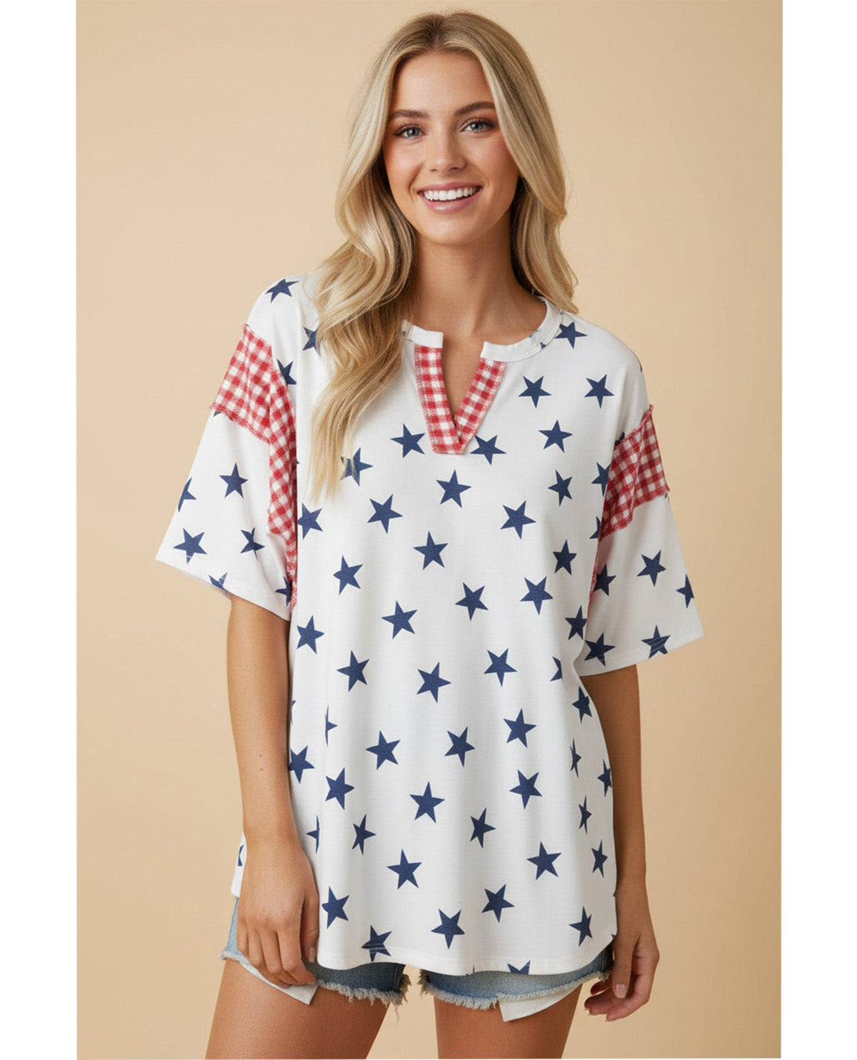 Heimish Stars & Gingham Split Neck Top Ivory/Navy