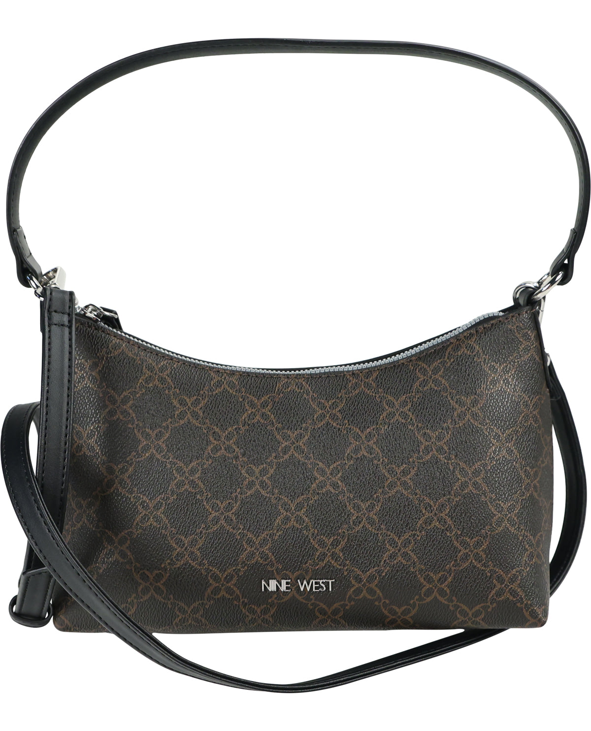 A Nine West brown monogram shoulder bag with a black leather strap and a matching black logo plaque on the front, set against a plain white background.