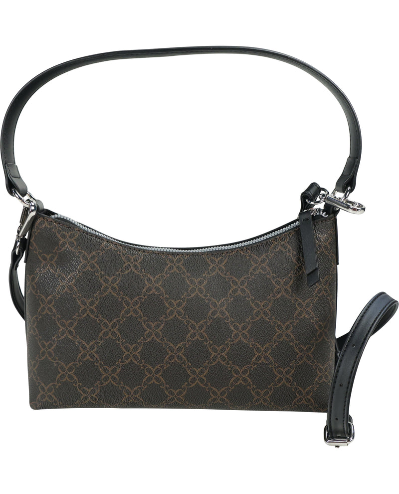 A dark brown and black monogram shoulder bag with a curved top handle and an adjustable shoulder strap, shown against a plain white background.