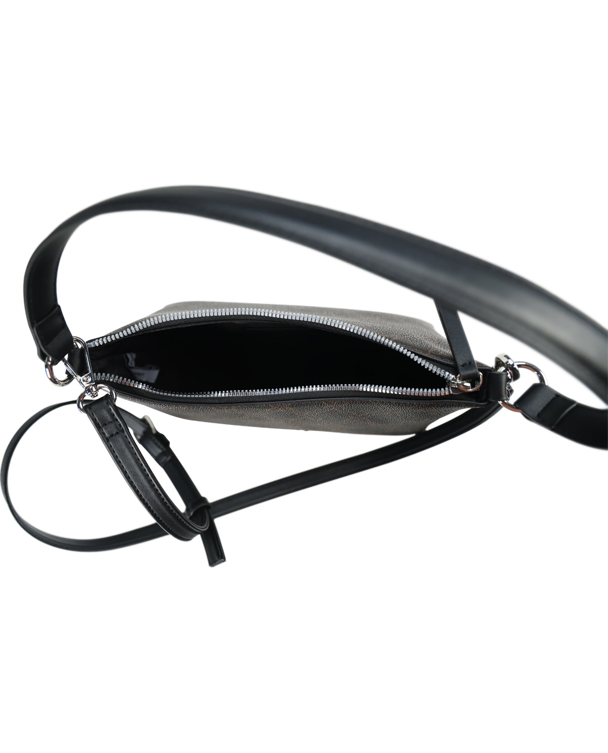 A close-up of a black leather shoulder bag with an open zipper, showing a gray fabric lining inside, set against a plain white background.