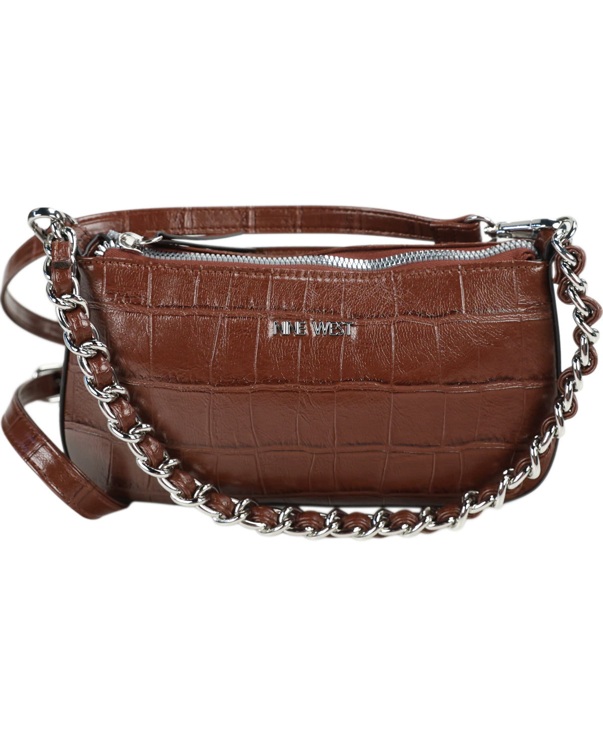 A brown crocodile-embossed leather shoulder bag with a silver-tone chain strap and a silver metal logo plate on the front.
