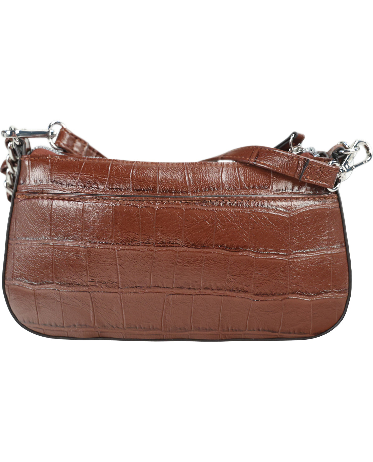 A brown crocodile-embossed leather shoulder bag with silver-tone hardware and a matching shoulder strap, shown against a plain white background.