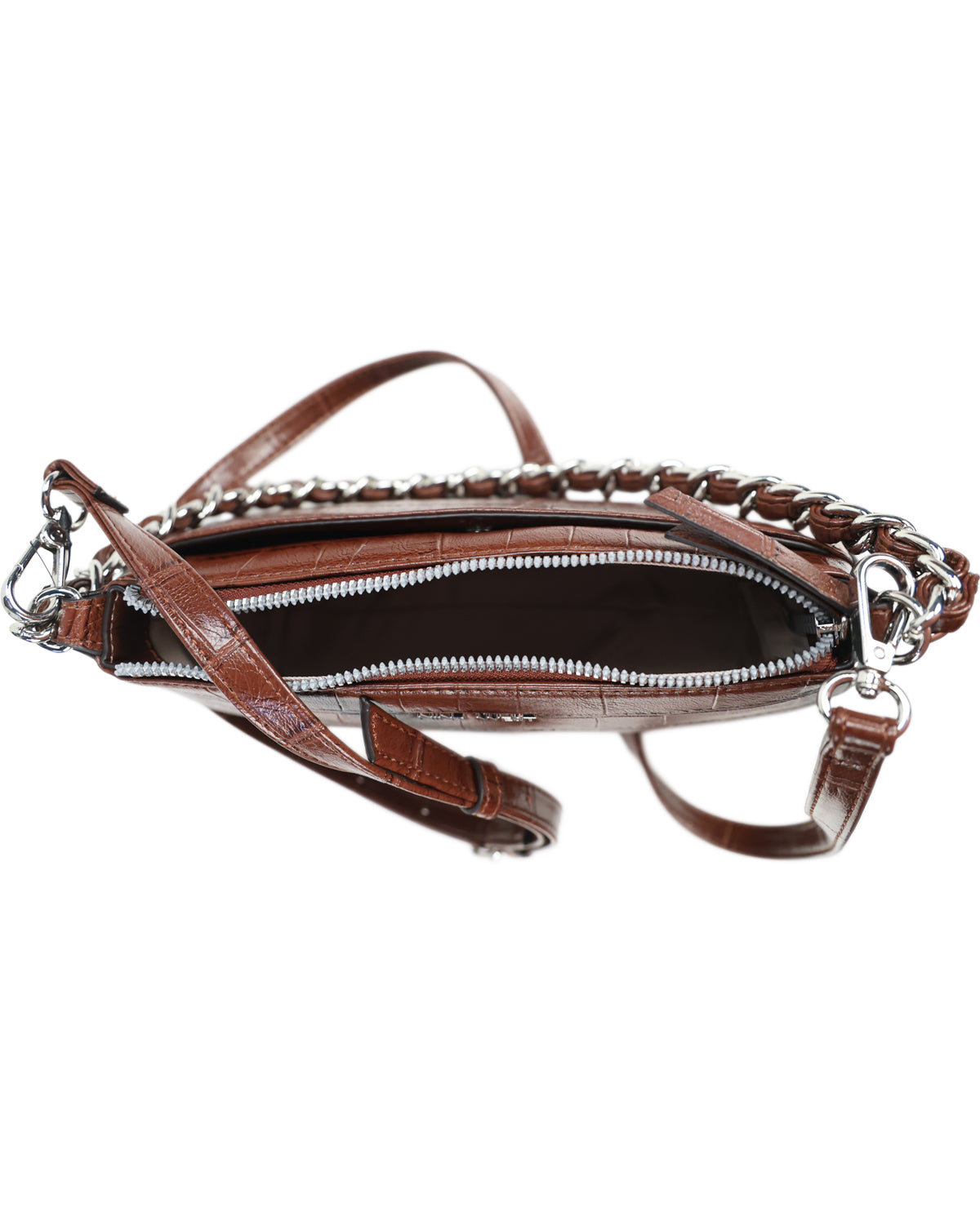 A brown crocodile-embossed leather crossbody bag with a silver-tone chain strap and zipper, shown open against a white background.