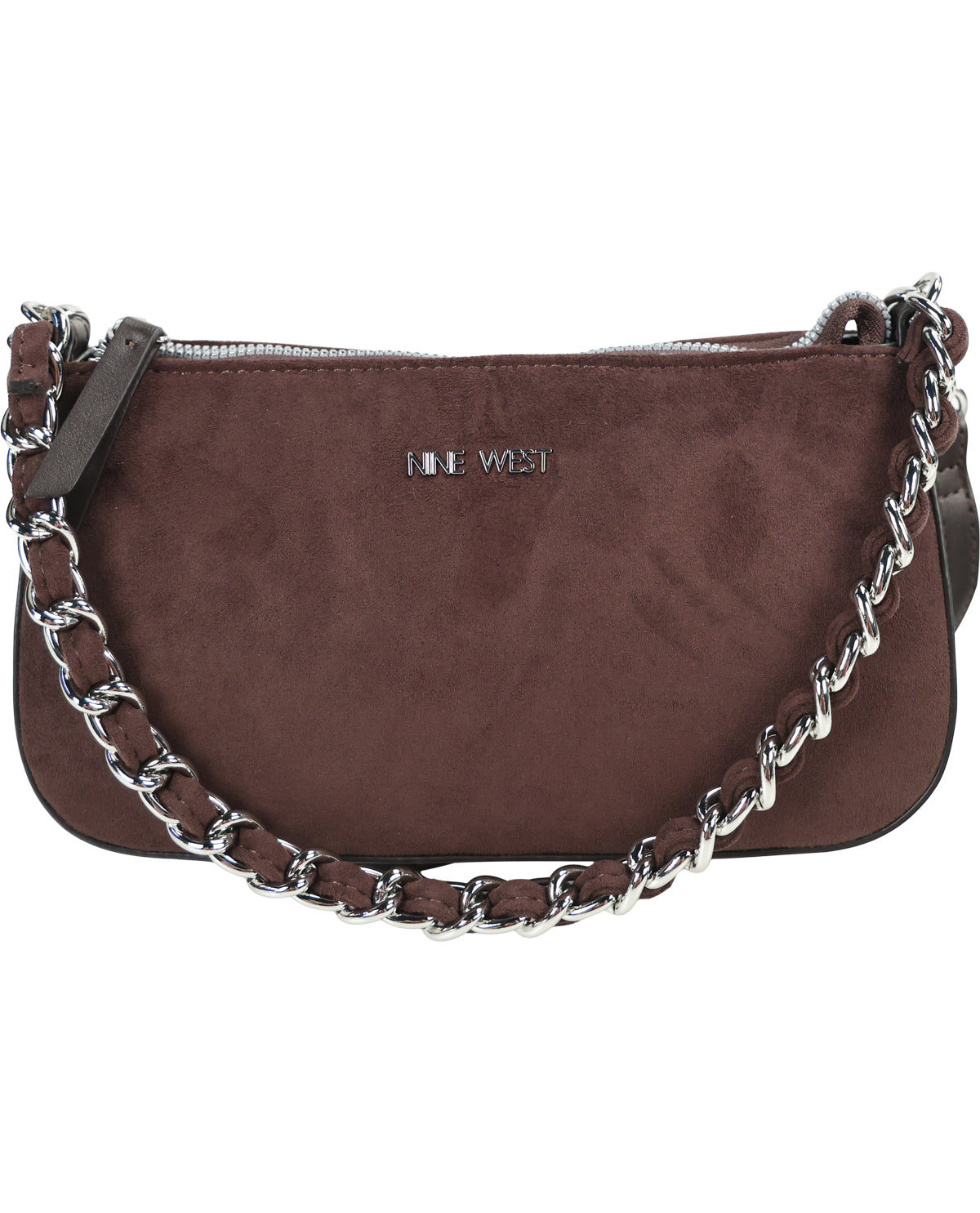 A dark brown suede crescent-shaped shoulder bag with a silver-tone chain strap and a silver-tone 'NINE WEST' logo on the front, set against a plain white background.