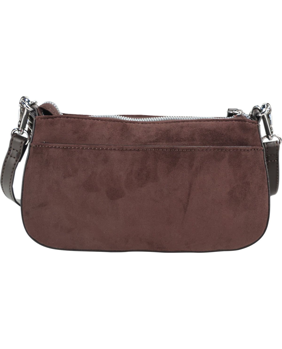 A dark brown suede shoulder bag with a front slip pocket and silver-tone hardware, shown against a plain white background.