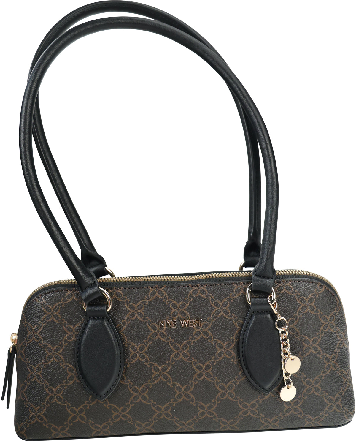 A Nine West handbag in brown and black GG Supreme canvas with black leather handles and a gold-tone charm, shown on a white background.