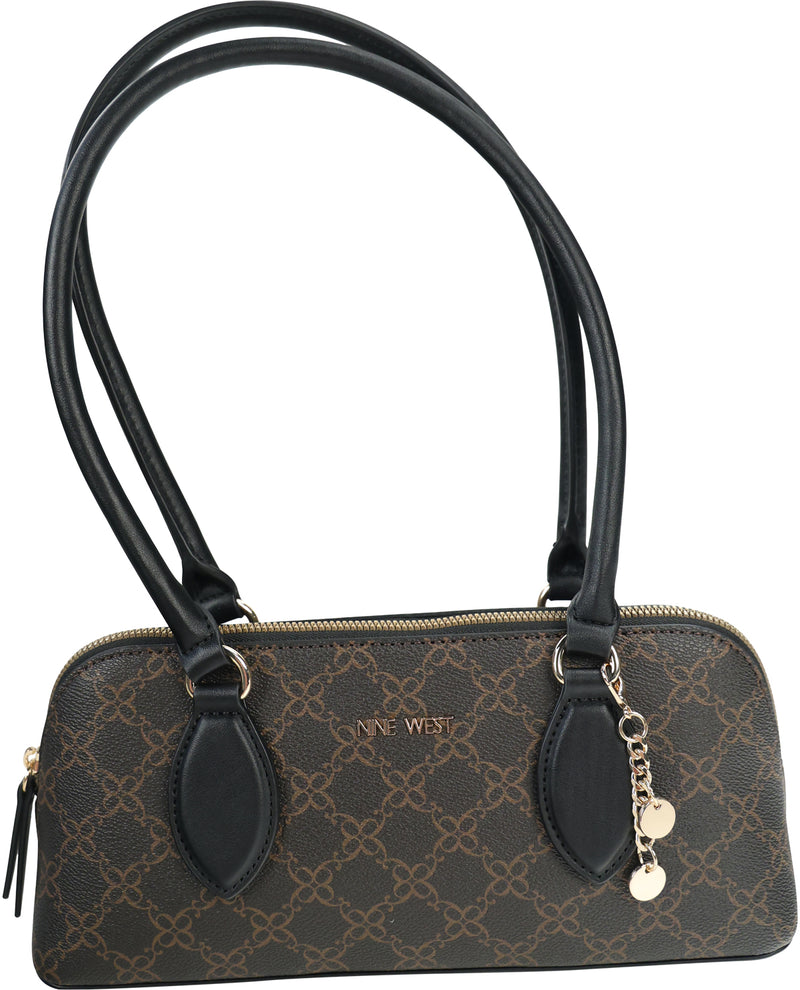 A Nine West handbag in brown and black GG Supreme canvas with black leather handles and a gold-tone charm, shown on a white background.