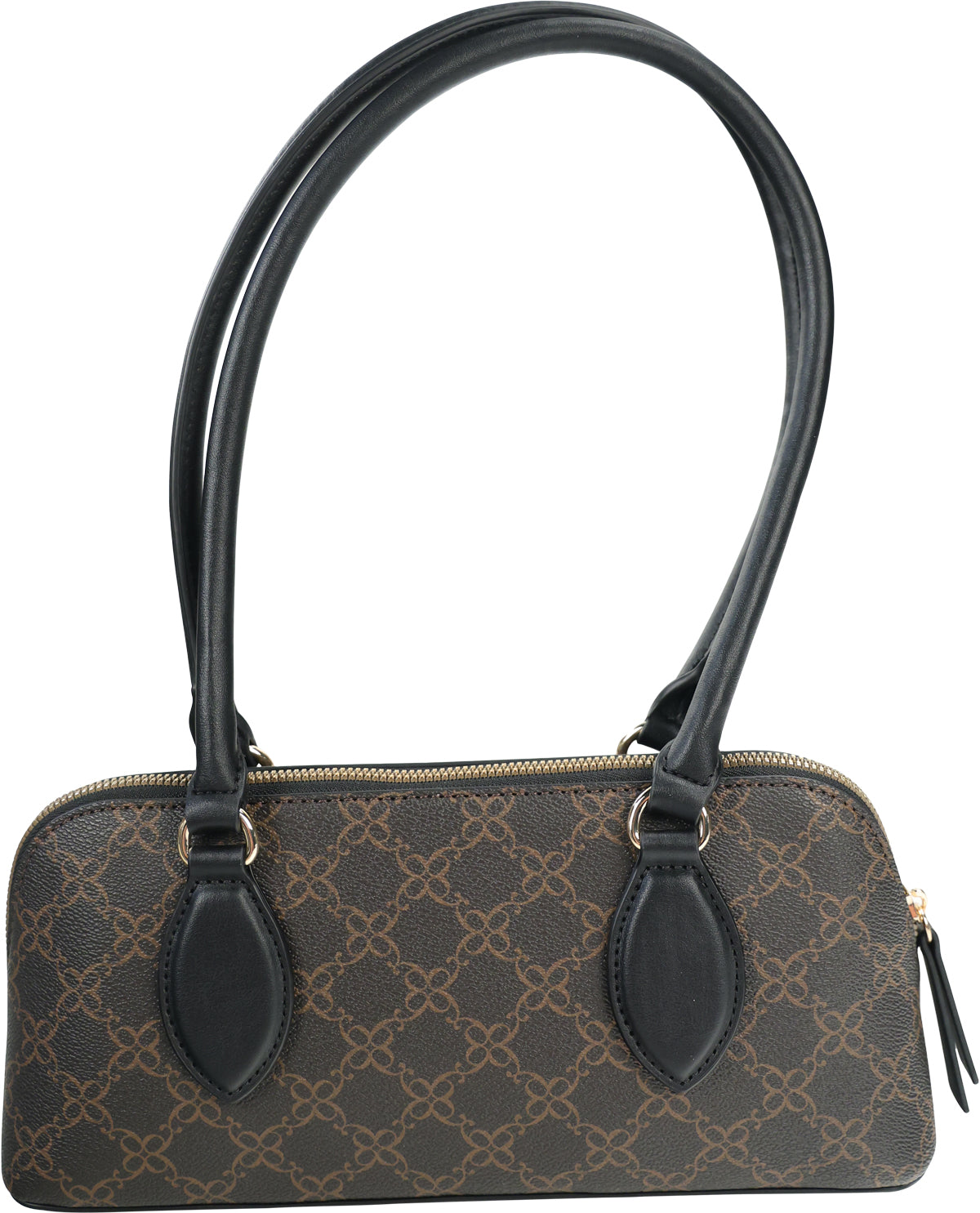 A structured handbag with a brown and black monogram pattern, featuring black leather handles and trim, and gold-tone hardware.