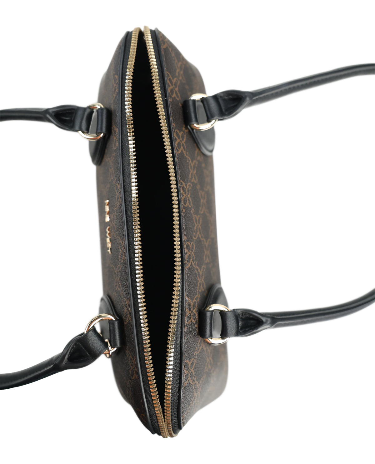 A brown monogram handbag with black leather handles and gold-tone hardware, shown from a top-down view with the front zipper open against a white background.