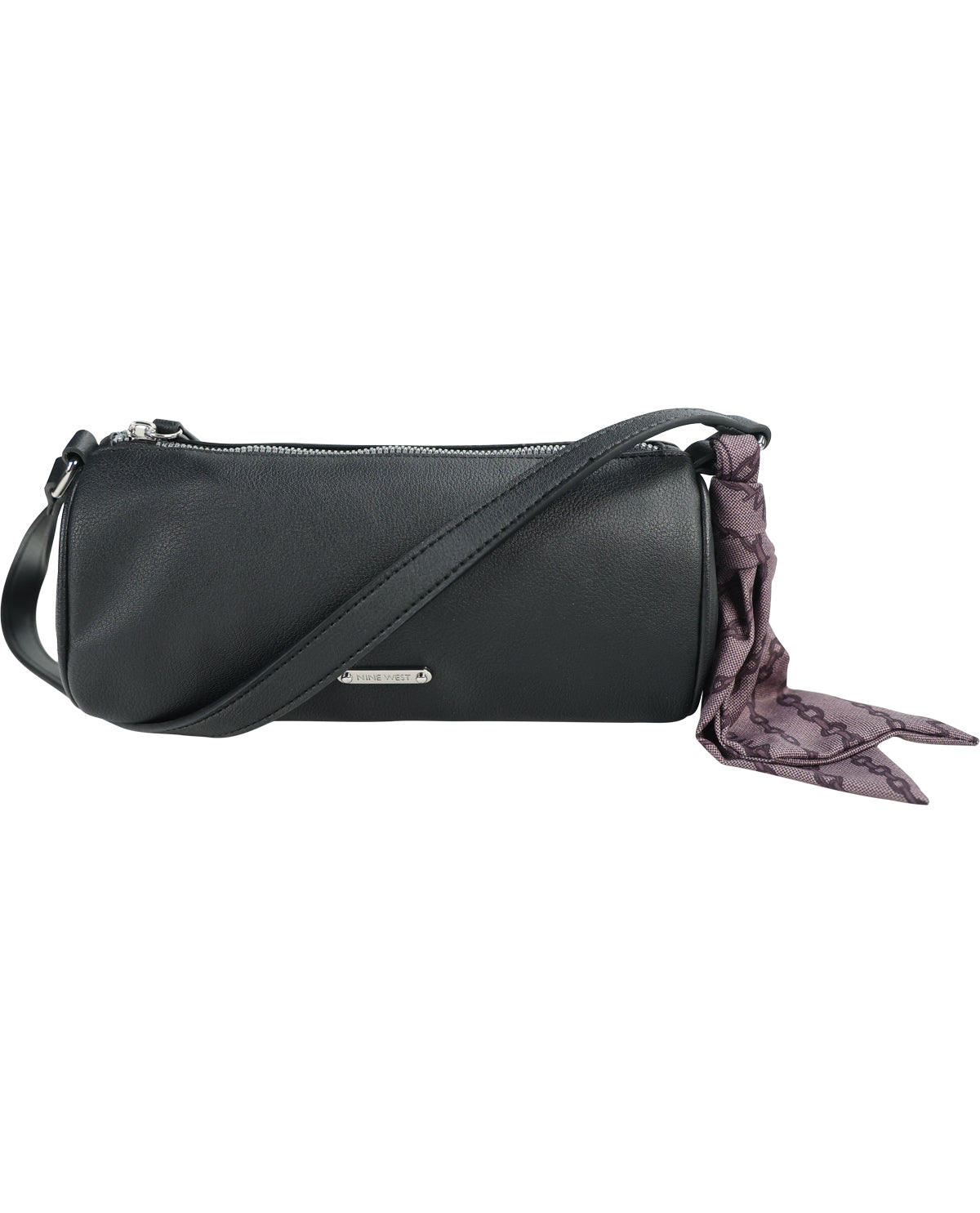 A black leather shoulder bag with a top zipper, a thin shoulder strap, and a purple patterned scarf tied to the side, shown against a plain white background.