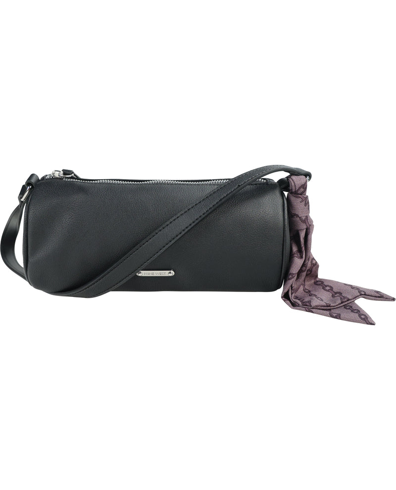 A black leather shoulder bag with a top zipper, a thin shoulder strap, and a purple patterned scarf tied to the side, shown against a plain white background.