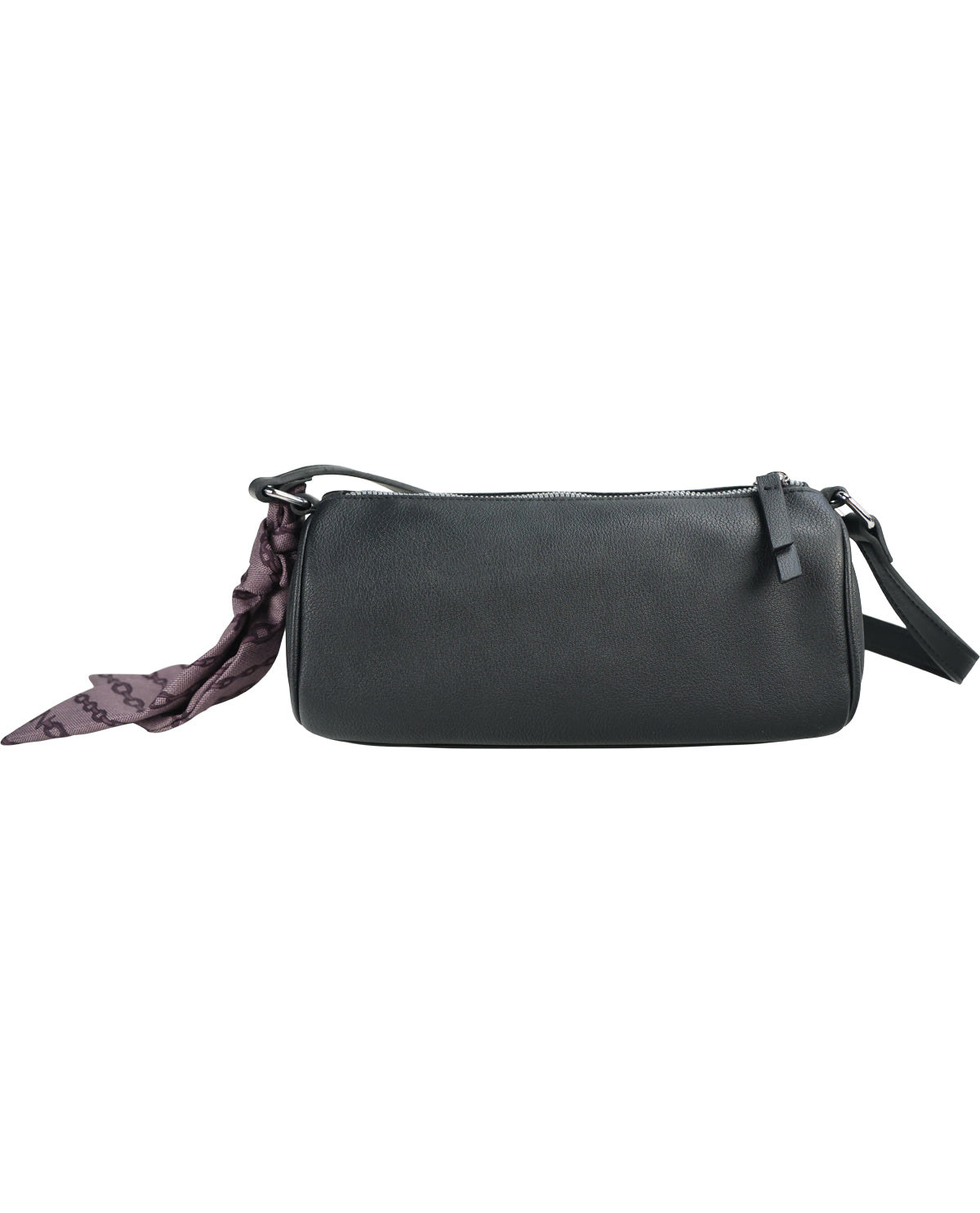 A black leather shoulder bag with a matching black zipper closure and strap, featuring a decorative dark purple patterned scarf tied to the side, set against a plain white background.