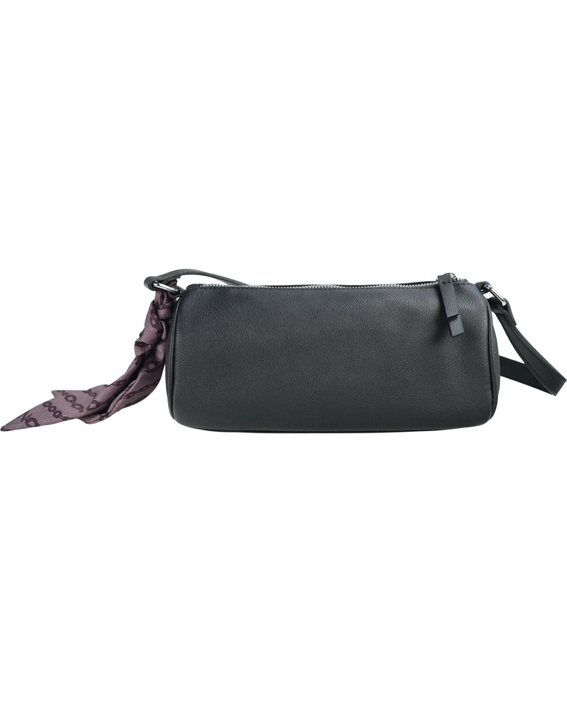 A black leather shoulder bag with a matching black zipper closure and strap, featuring a decorative dark purple patterned scarf tied to the side, set against a plain white background.
