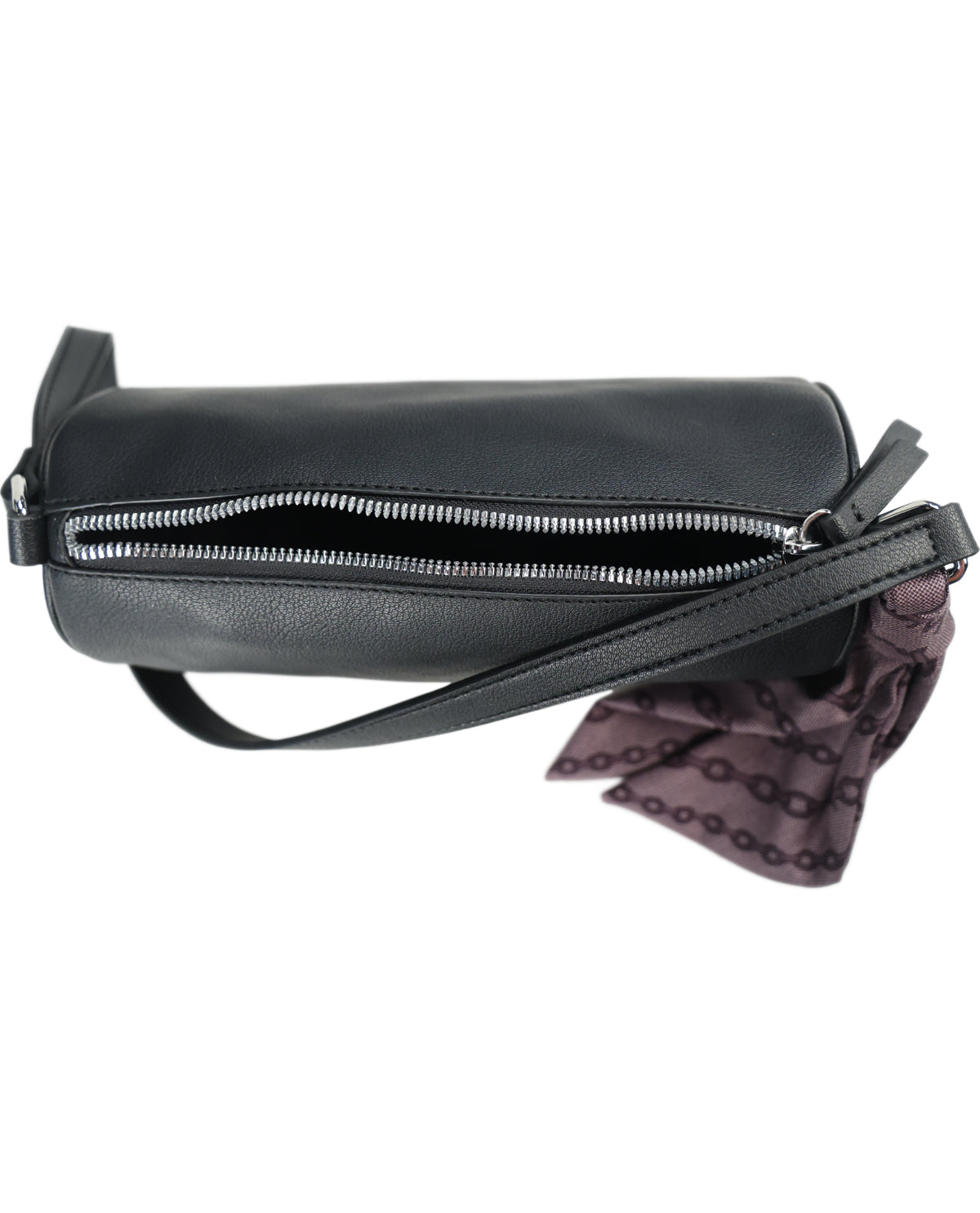 A black leather crossbody bag with a silver zipper and a matching black strap, featuring a small purple scarf with a black chain pattern attached.