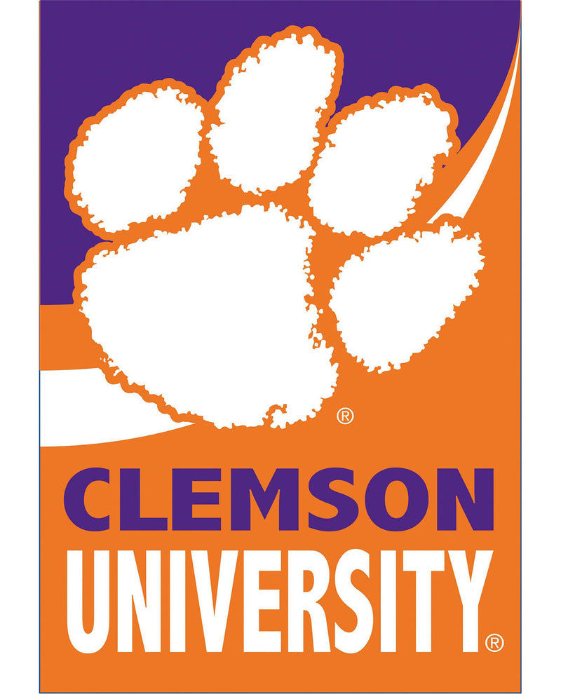 Clemson University logo graphic with a large white paw print outlined in orange on a purple and orange background, with the words 'CLEMSON UNIVERSITY' in purple and white text at the bottom.