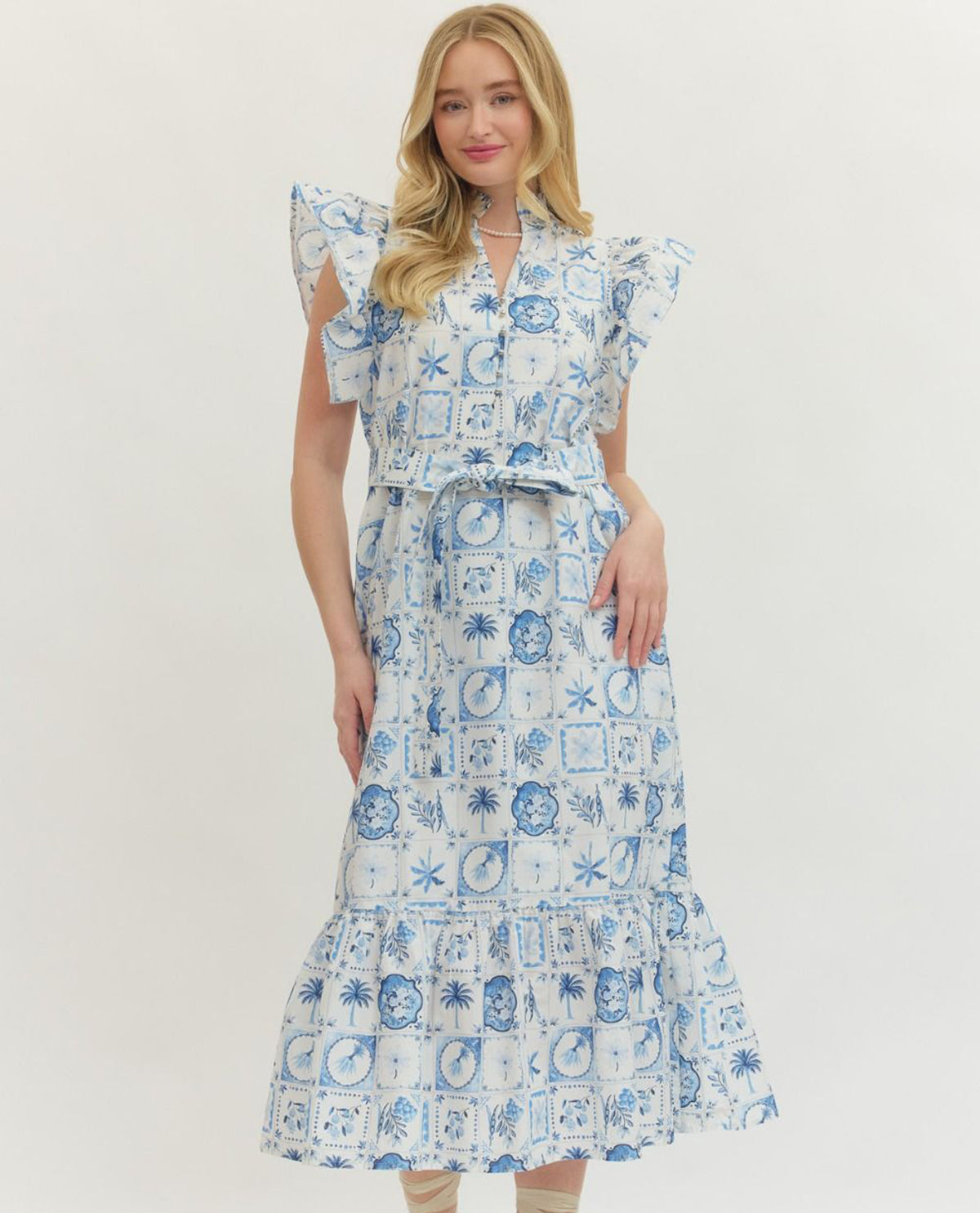 Entro Flutter Sleeve Dress With Tie Waist Blue