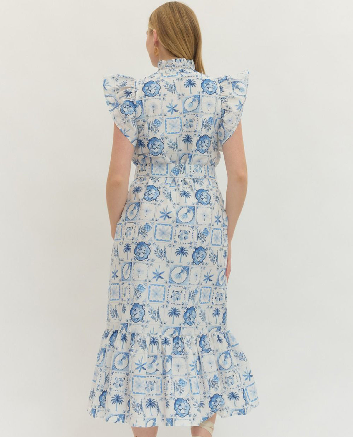 Entro Flutter Sleeve Dress With Tie Waist Blue