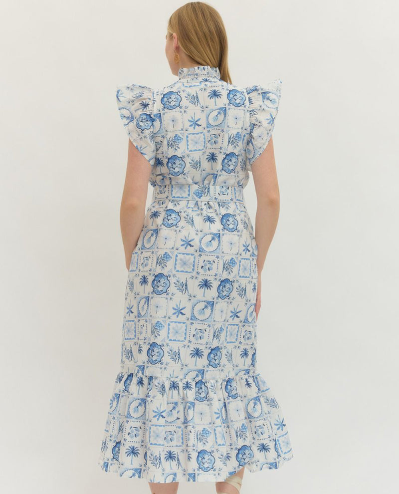Entro Flutter Sleeve Dress With Tie Waist Blue